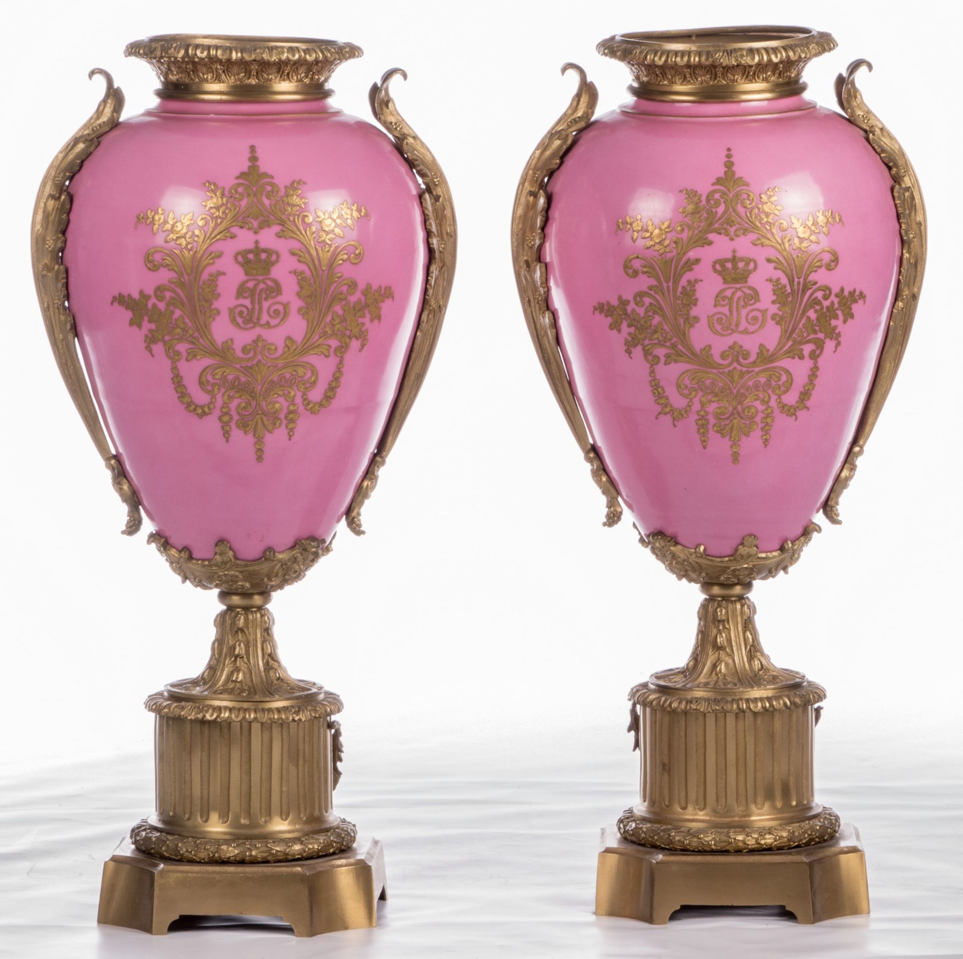 A pair of, probably, Sèvres vases with neoclassical bronze mounts, the decoration with "Rose - Image 3 of 9