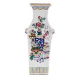 A Chinese quadrangular famille rose vase, decorated with flower vases and antiquities, 19thC, H 43