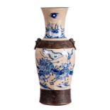 A Chinese blue and white relief decorated stoneware vase with warriors, marked, 19thC, H 60,5 cm