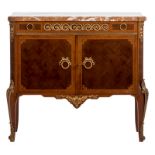 A neoclassical cupboard, mahogany veneered, bronze mounts and jaune fleuri marble top, H 84 - B 90 -