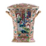 A Chinese Canton pique-fleur, famille rose, relief moulded, painted with court scenes and floral