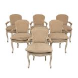 A set of six LXV style polychrome painted and linen upholstered  arm chairs, H 92,5 cm
