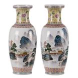 Two Chinese famille rose and polychrome vases, decorated with a mountainous river landscape, marked,