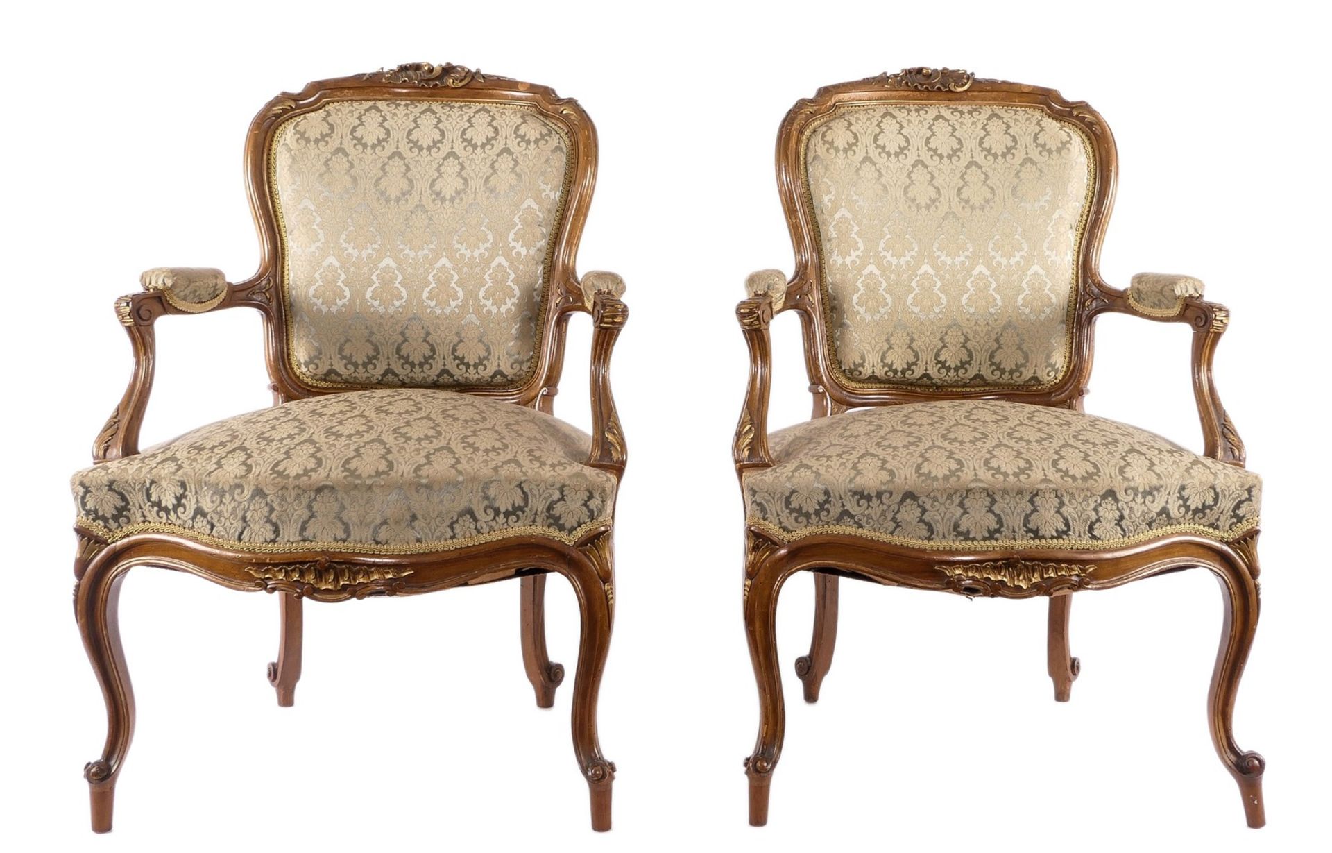 A pair of fine sculpted rococo style fauteuils, beachwood, the sculpture gilt, H 96 - W 63 - D 69,