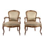 A pair of fine sculpted rococo style fauteuils, beachwood, the sculpture gilt, H 96 - W 63 - D 69,