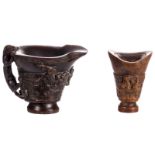 Two Chinese carved libation cups with mythical animals, one cup marked, H 10,5 - 11,5 cm