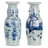 Two Chinese celadon fond blue and white decorated vases, one vase with antiquities and auspicious