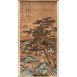 Chinese water colour on textile depicting figures and a garden pavillon in a mountanous landscape in