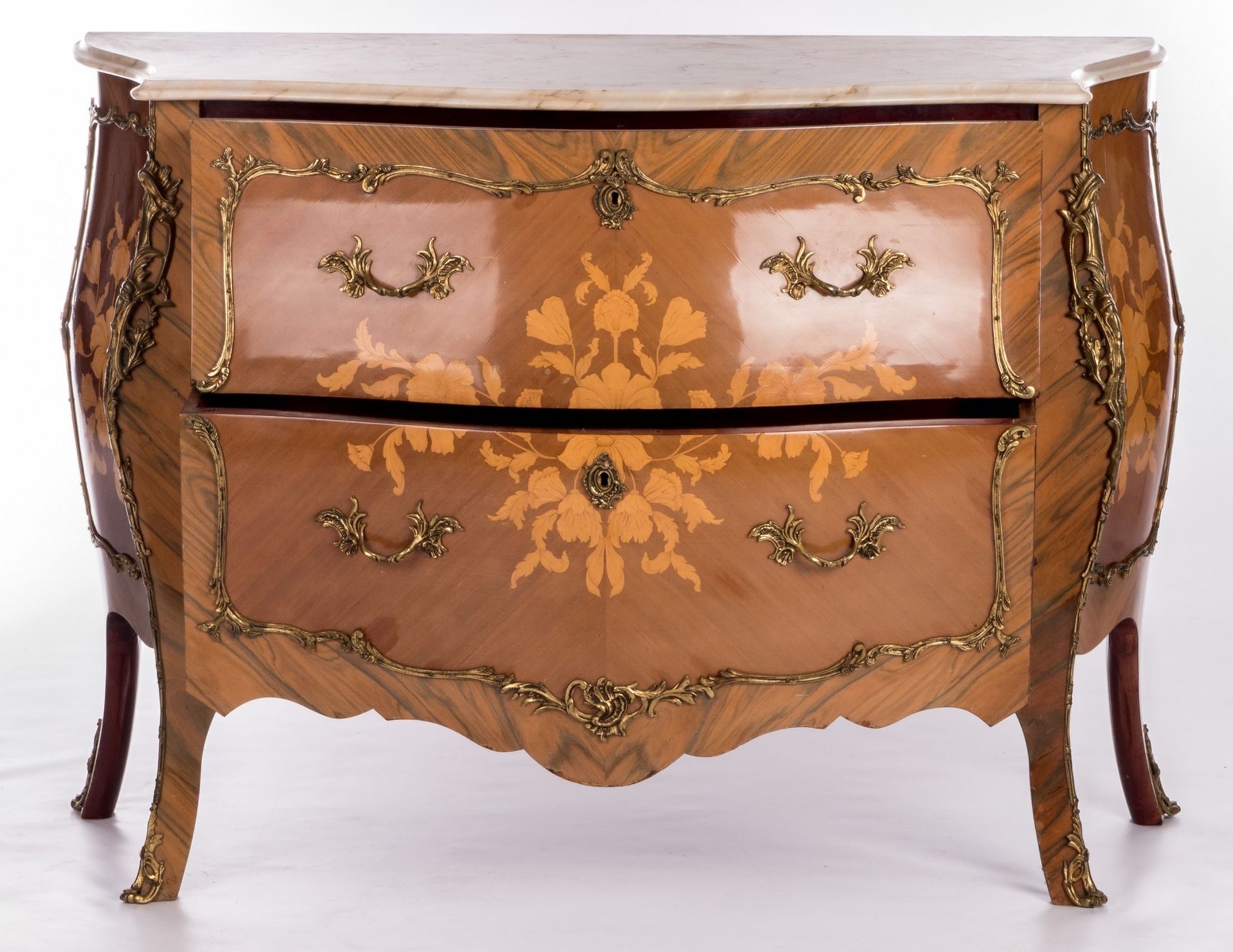 A French Cressent type commode, LXV style, mahogany and marquetry veneered, bronze mounts and marble - Bild 2 aus 11