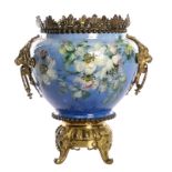 A Belle Epoque cache pot in barbotine earthenware with bronze Renaissance revival mounts, H 35,5 cm