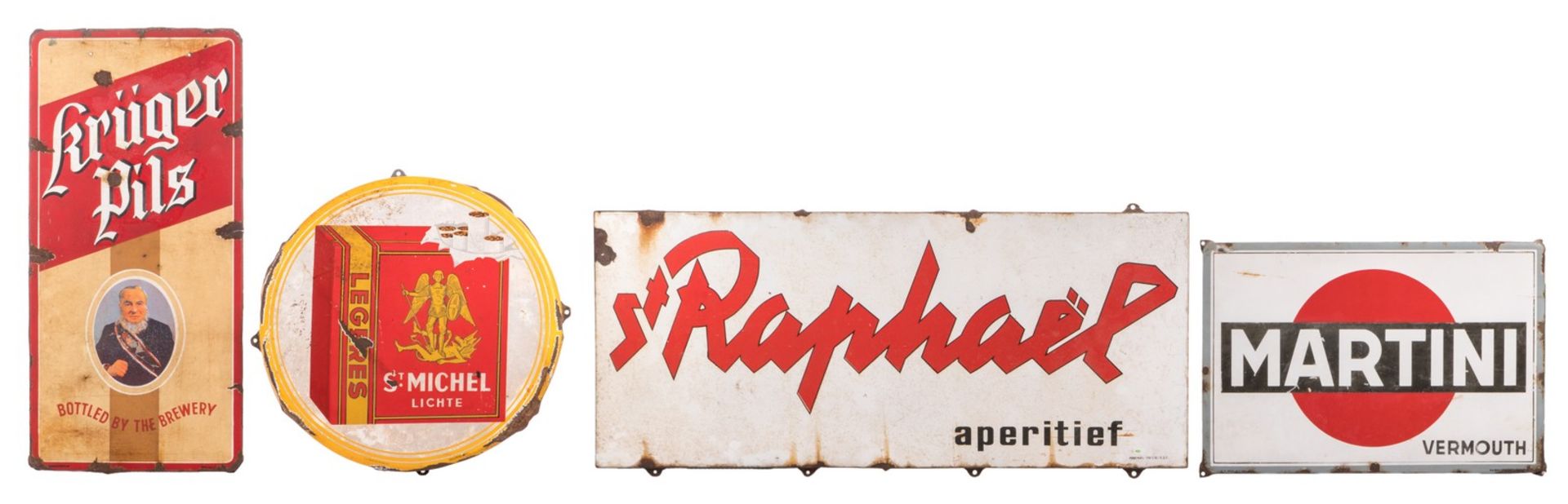 Four enamel advertising boards, St. Michel, Krüger Pils, Martini, St Raphaël, 47 x 97, 49 x 73, 54 x