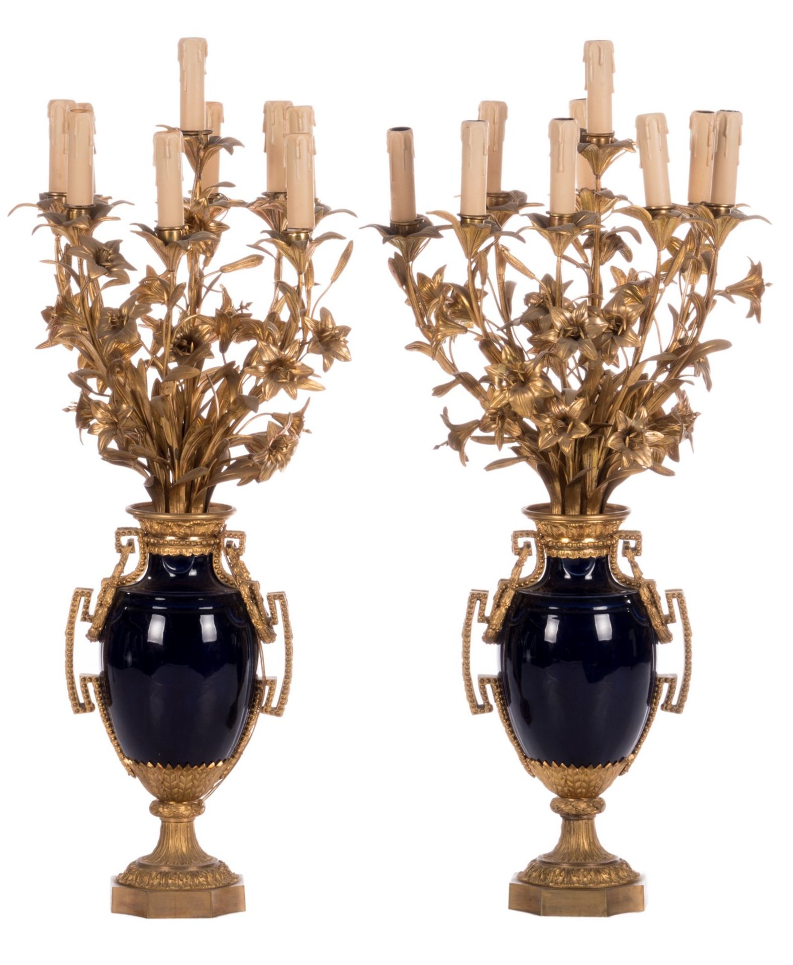 A pair of Nap. III-style candlesticks in blue glazed pottery with rich bronze mounts, H 96 cm (minor