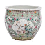 A Chinese famille rose floral decorated cache pot, the roundels decorated with birds and floral