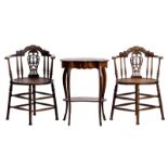 Two late-Victorian Windsor office chairs with cannage seat, H 83 - D 48 cm; added a marquetry