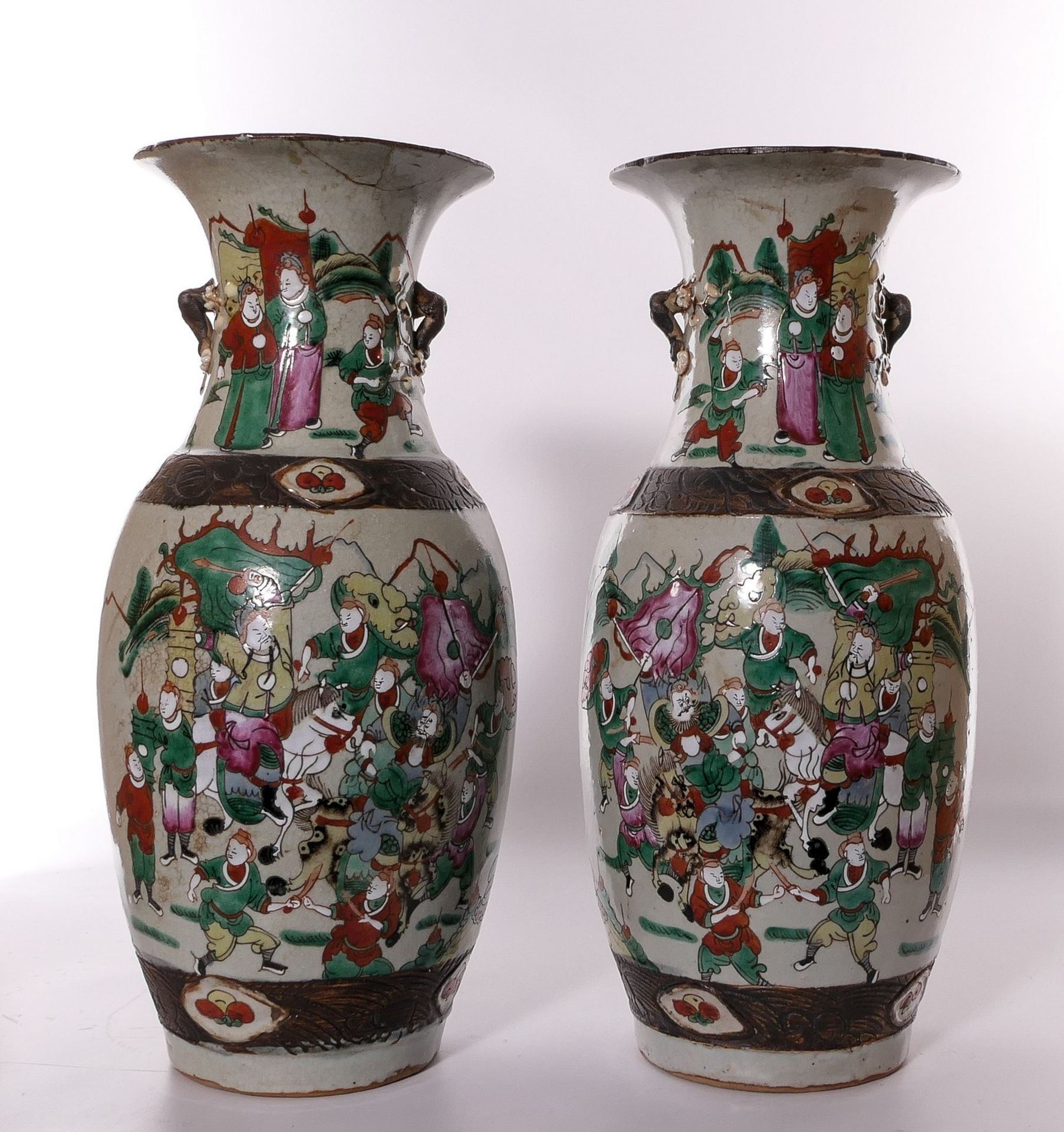 A pair of Chinese polychrome stoneware vases, decorated with warriors, marked, H 46 cm (restored) - Image 3 of 13