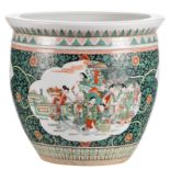 A Chinese famille verte cache-pot, the roundels decorated with the Eight Immortals and an animated