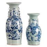 Two Chinese celadon and blue and white vases, one decorated with a dragon, a phoenix and the flaming