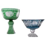 Two Bohemian cut to clear crystal footed bowls, one decorated with hunting scenes, H 37, 5 - 22