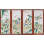 Four Chinese famille verte plaques in frame, decorated with animated scene, 21 x 27,5 cm