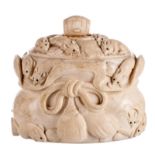A fine Japanse carved ivory box and cover depicting rats in, an around a basket, Meiji period,