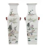 Two quadrangular vases, China, polychrome decorated with fishermen, literati and calligraphic texts,