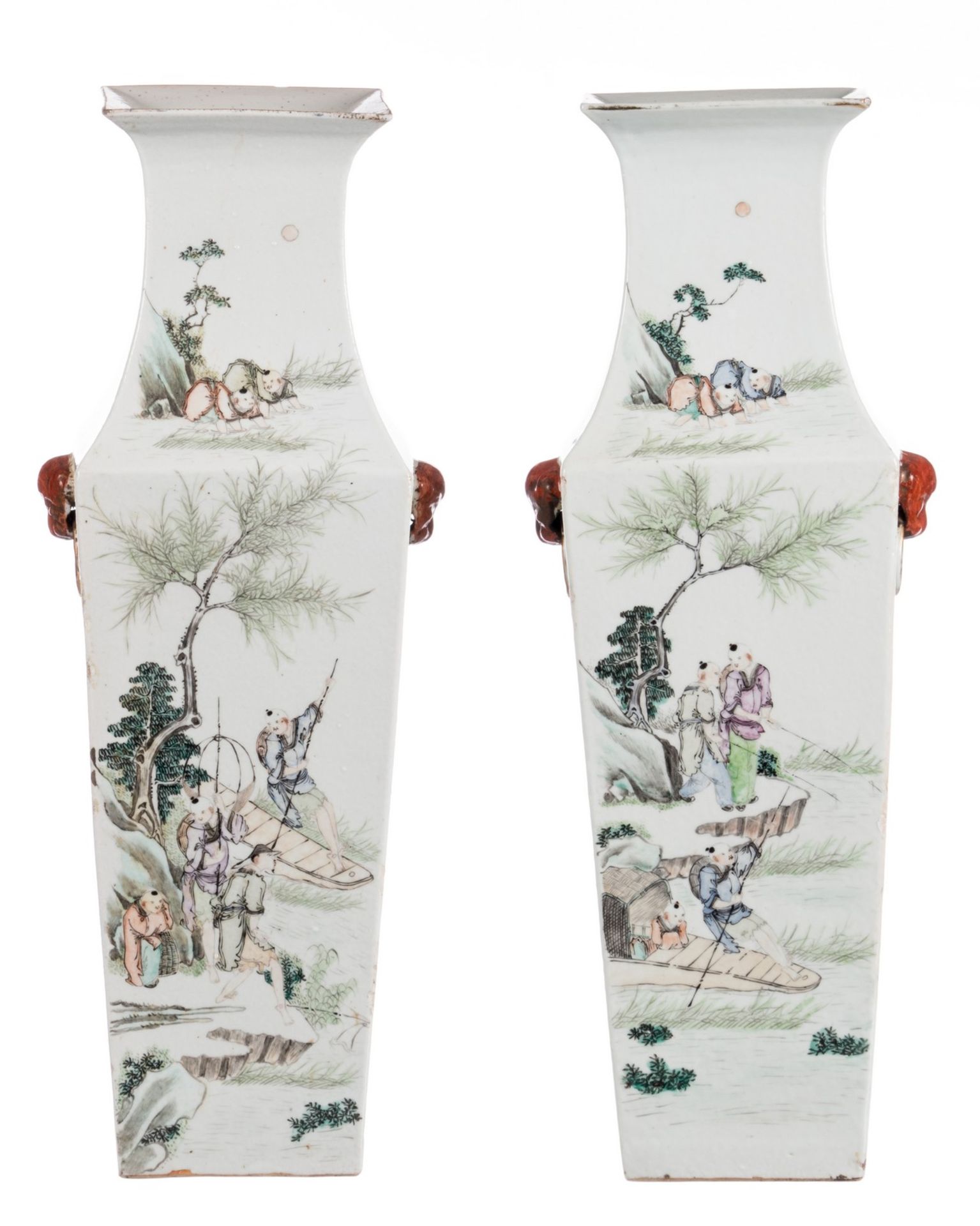 Two quadrangular vases, China, polychrome decorated with fishermen, literati and calligraphic texts,