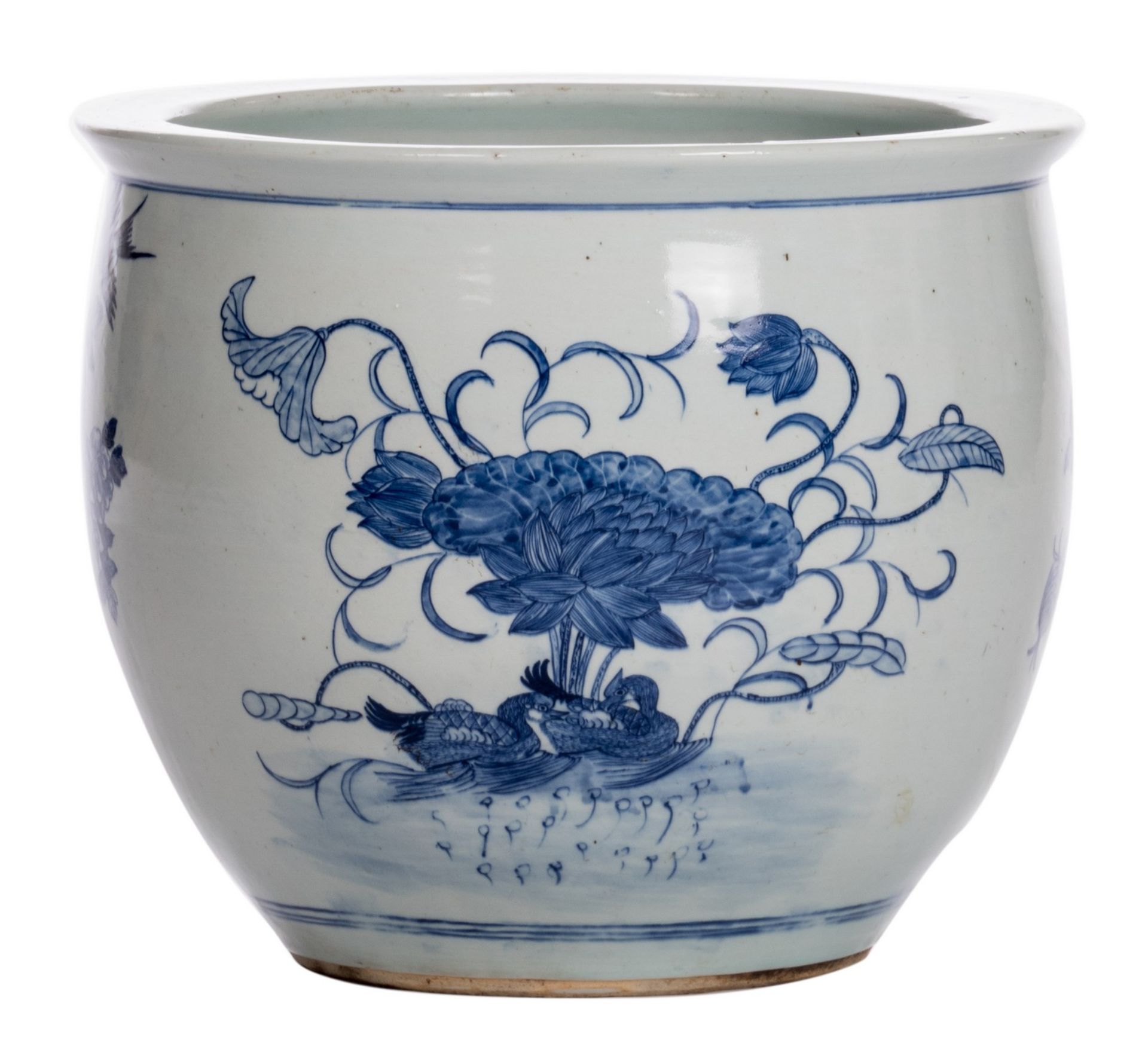 A fine Chinese blue and white decorated fish bowl, overall decorated with birds and flower branches,