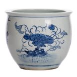 A fine Chinese blue and white decorated fish bowl, overall decorated with birds and flower branches,