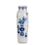 A Chinese blue and white cylinder shaped vase, overall decorated with flower vases, H 48 cm (