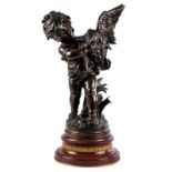 Moreau A., a child with a duck, patinated bronze on a 'Rouge Napoleon' marble base, H 55 (without