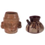 Two decorative items or utensils of a pre-Columbian type pottery, one with cold polychrome paint,