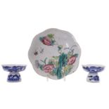 Two Chinese blue and white stem bowls decorated with bats and a landscape, 19thC; added a ditto