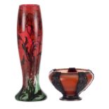 An Art Nouveau period vase in glass paste, signed Legras, H 33 cm; added a ditto bowl with wrought