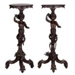 Two Italian Rococo-style pedestals in sculpted wood, H 92 cm (damage)