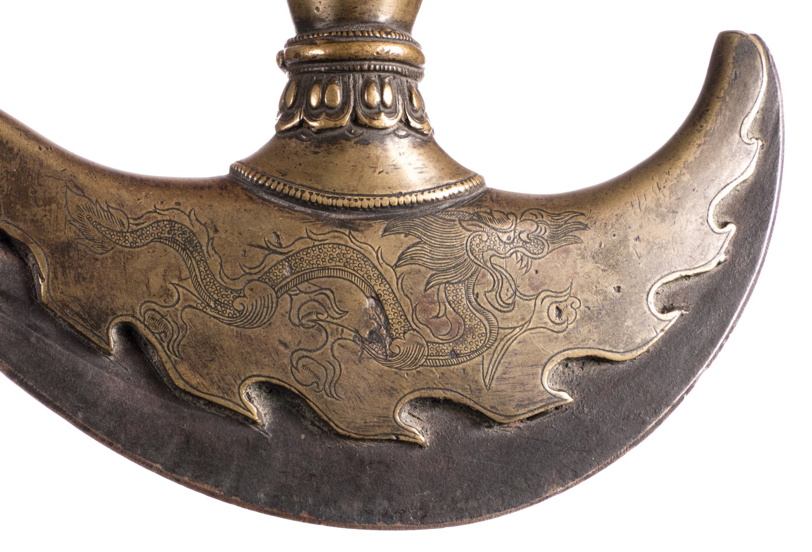 Two Sino-Tibetan ritual knives, 'Vajra Kartika', dragon relief decorated, bronze, brass and iron, - Image 5 of 6