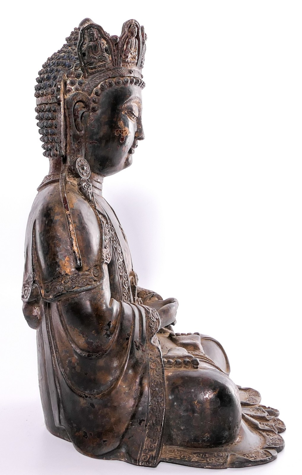 A Chinese gilt bronze Buddha with traces of polychromy, H 39 cm - Image 5 of 9