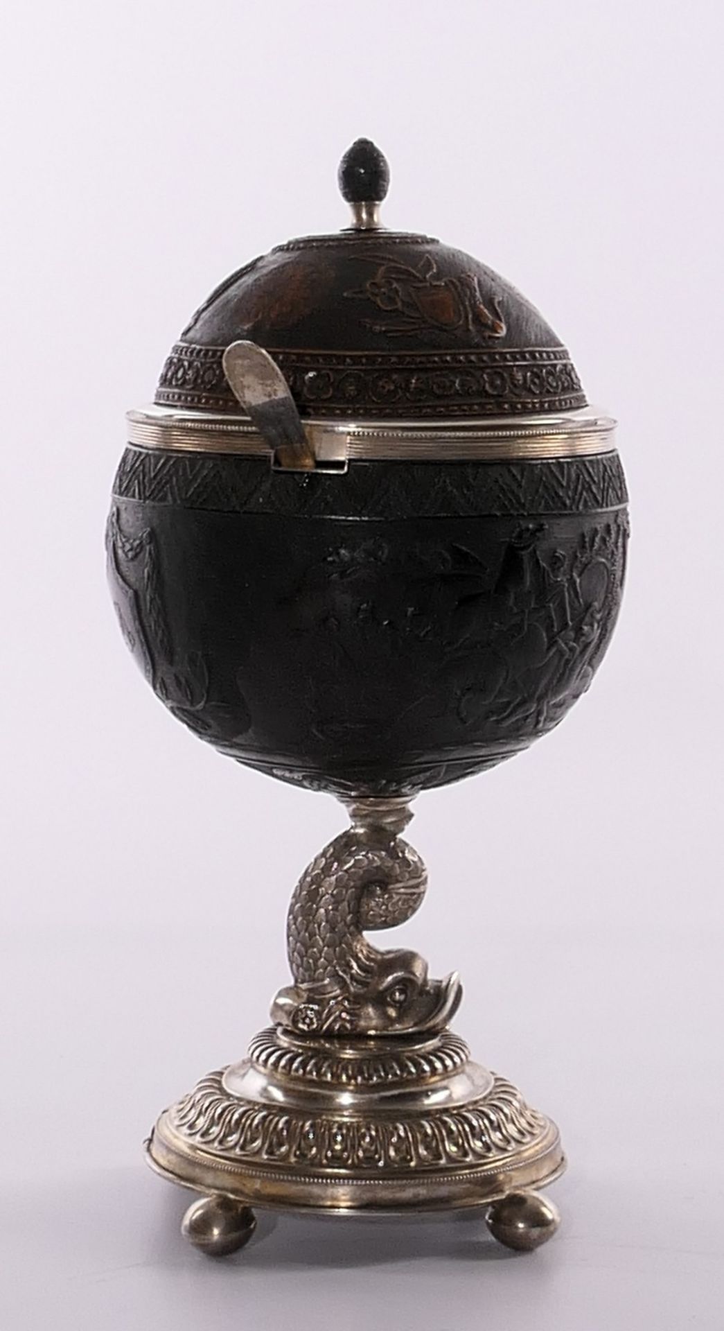 Coconut cup, basso relievo decorated with mythological scenes, owners monogram DM, with a neobaroque - Bild 2 aus 12