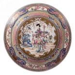 A fine Chinese famille rose and gilt decorated ruby back egg shell porcelain dish, with a court lady
