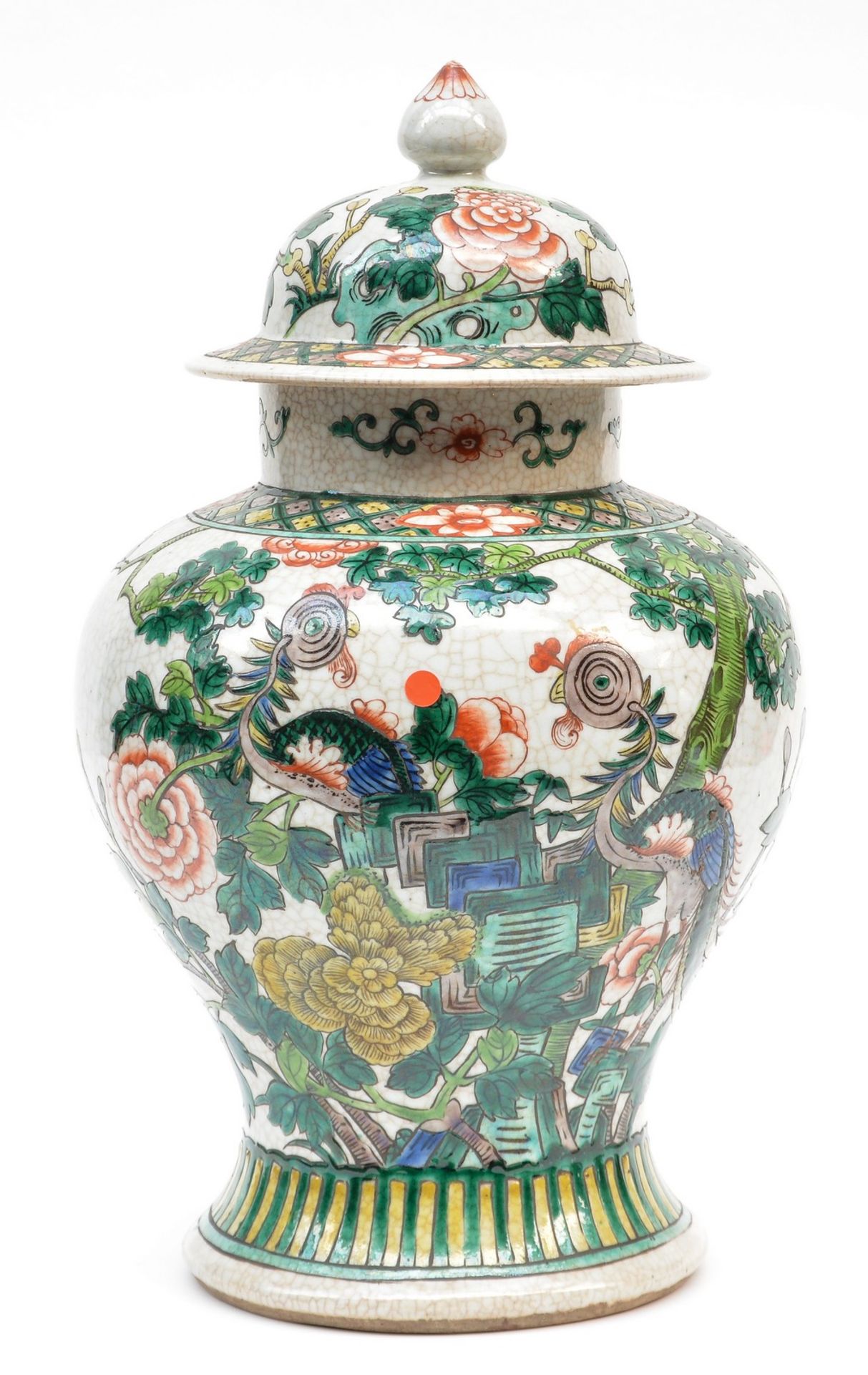 A Chinese famille verte stoneware vase with cover, marked, 19thC, H 48 cm (wooden base included)