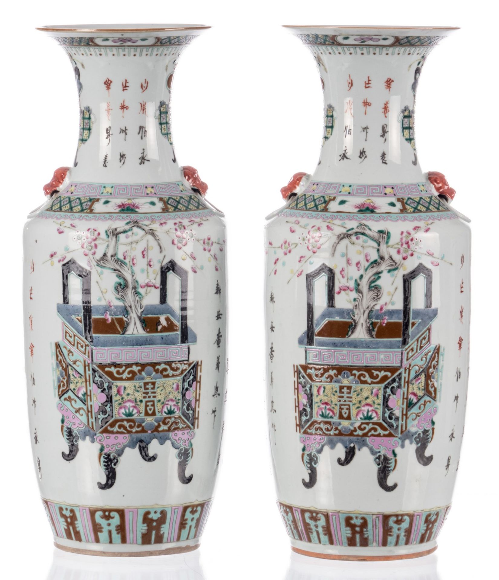 A pair of Chinese famille rose vases, decorated with flower vases, and baskets, and calligraphic - Bild 3 aus 15