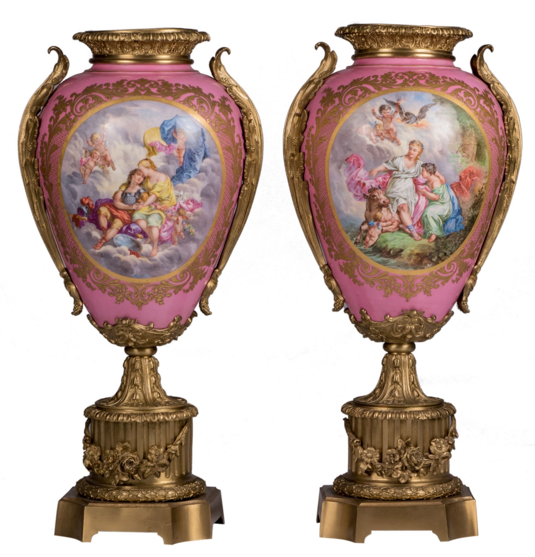 A pair of, probably, Sèvres vases with neoclassical bronze mounts, the decoration with "Rose