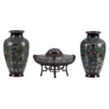 A pair of Chinese floral decorated cloisonné vases, marked; added a dito relief decorated incense