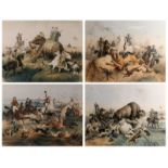 Adam V., four images of hunting scenes in the different continents, hand-colored three tone