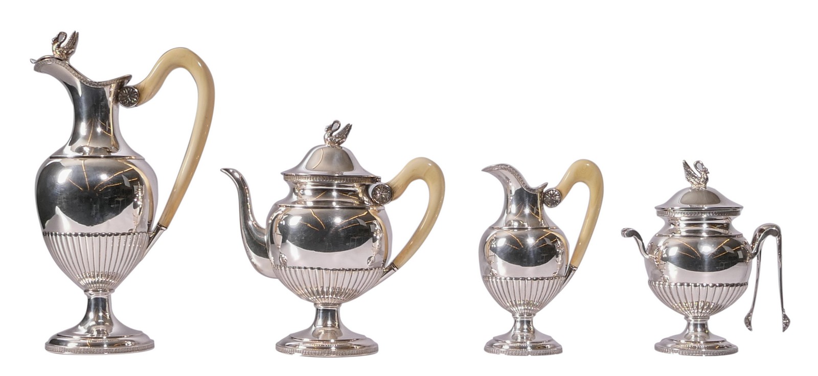 A four-piece silver tea and coffee set with ivory handles, Wolf-Zondervan, 835/000, 1942-1954; added