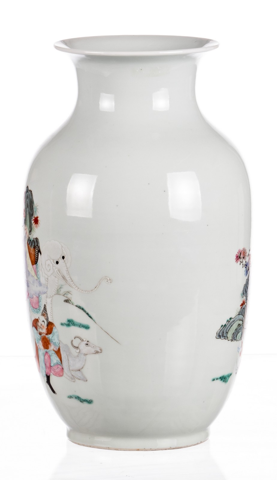 A Chinese famille rose decorated vase with an animated scene with figures and animals, marked - Image 3 of 6