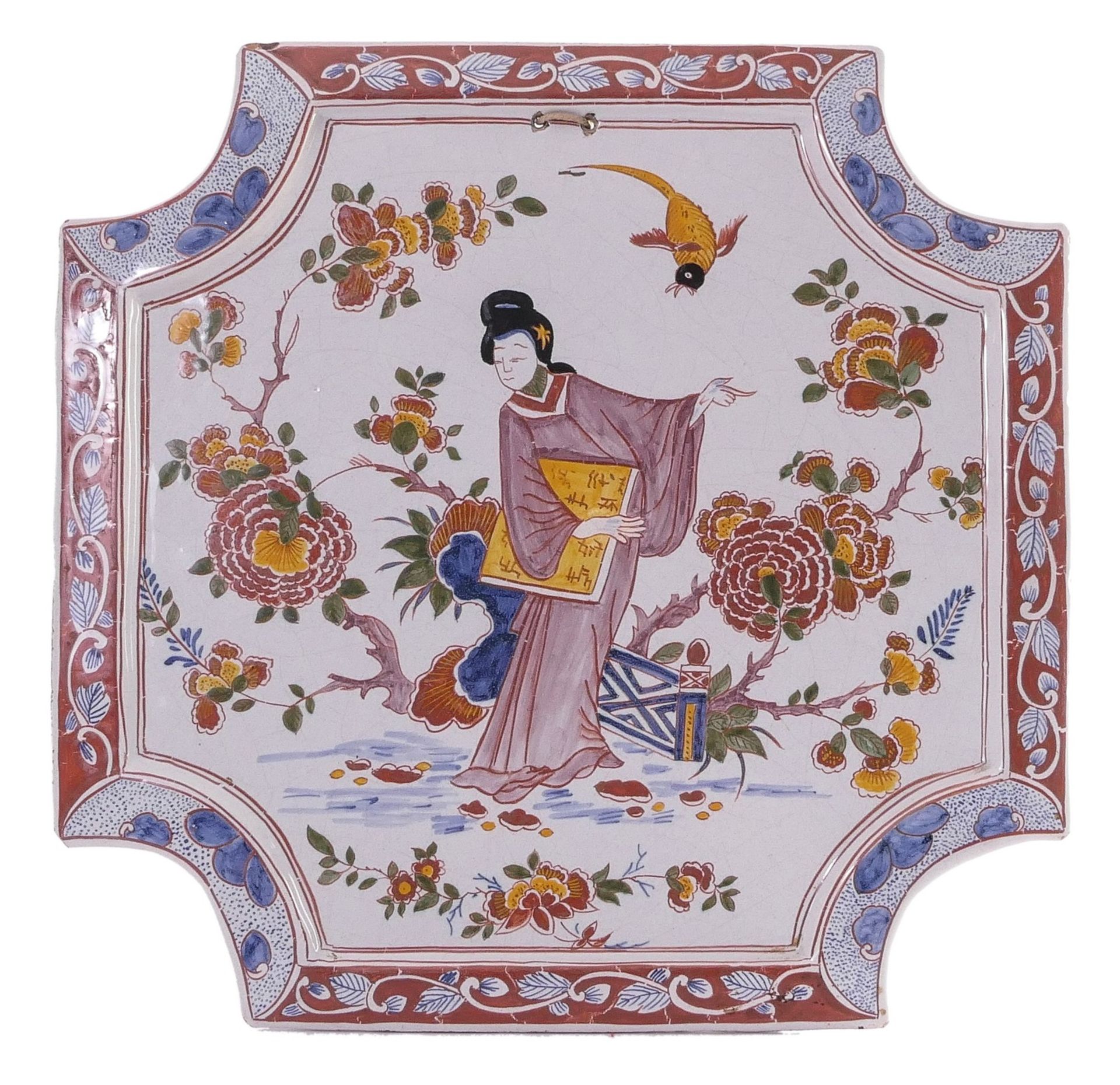 Tin glazed and polychrome painted plaque in the Delft manner, chinoiserie decorated, H 31 - B 31 cm