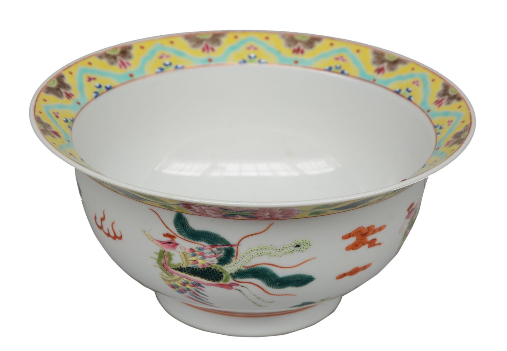 A Chinese polychrome bowl, decorated with butterflies and flowers, marked Kangxi (1662 - 1722),