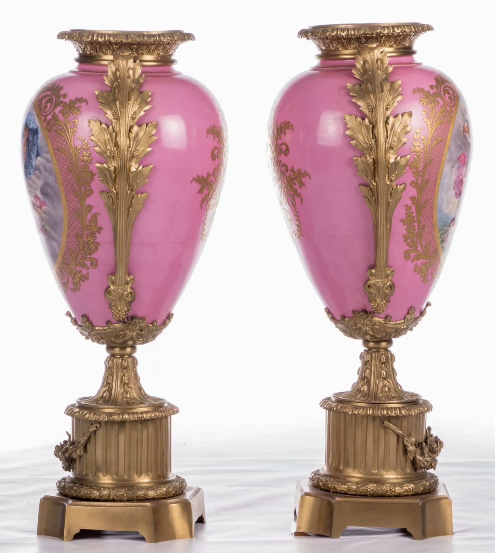 A pair of, probably, Sèvres vases with neoclassical bronze mounts, the decoration with "Rose - Image 2 of 9