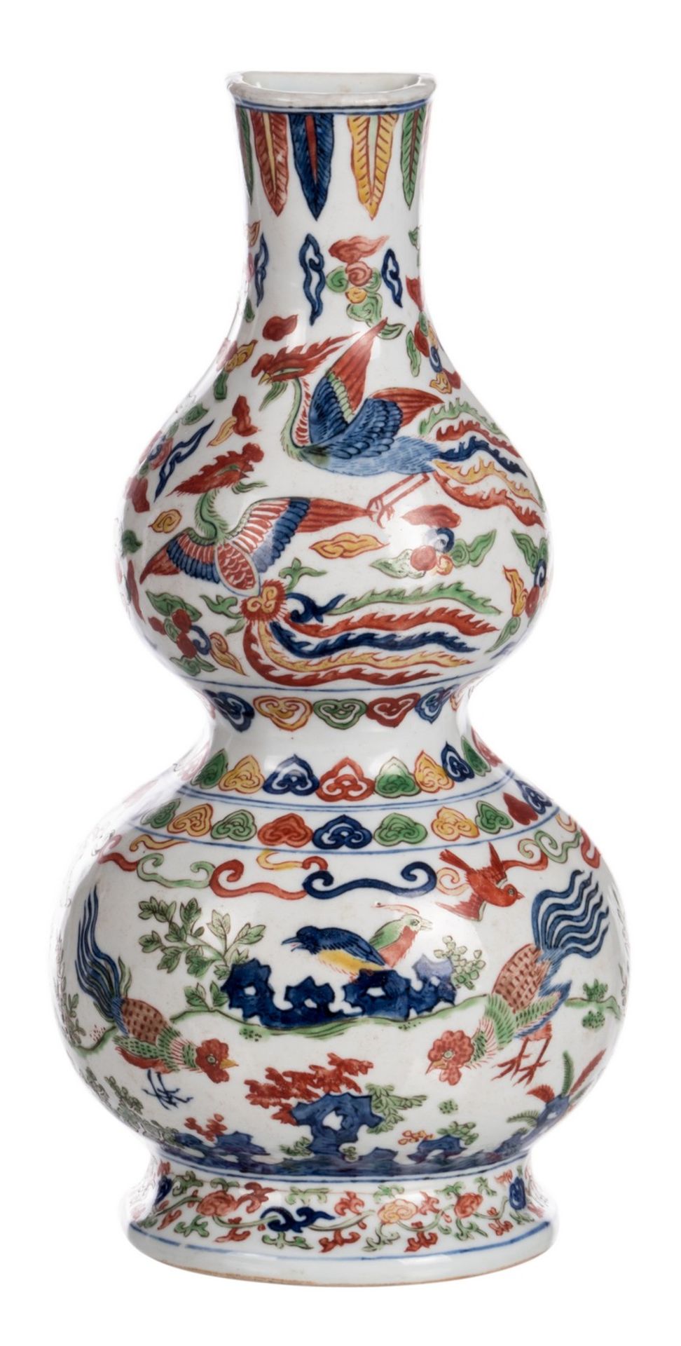 A Chinese wucai double gourd mural vase with phoenix, birds and various motifs, marked Wanli, H 35