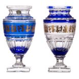 Two almost identical Val St. Lambert blue cut to clear crystal vases, decorated on the body with